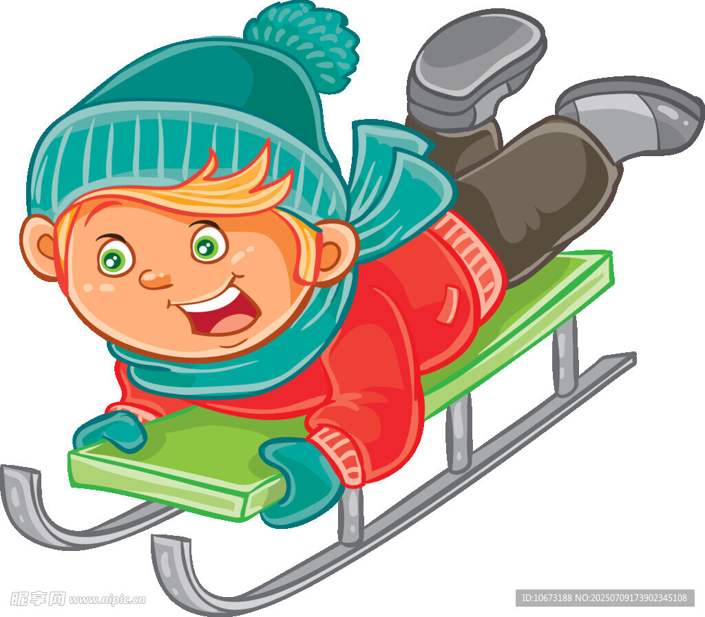 小孩欢乐地坐着雪橇滑行