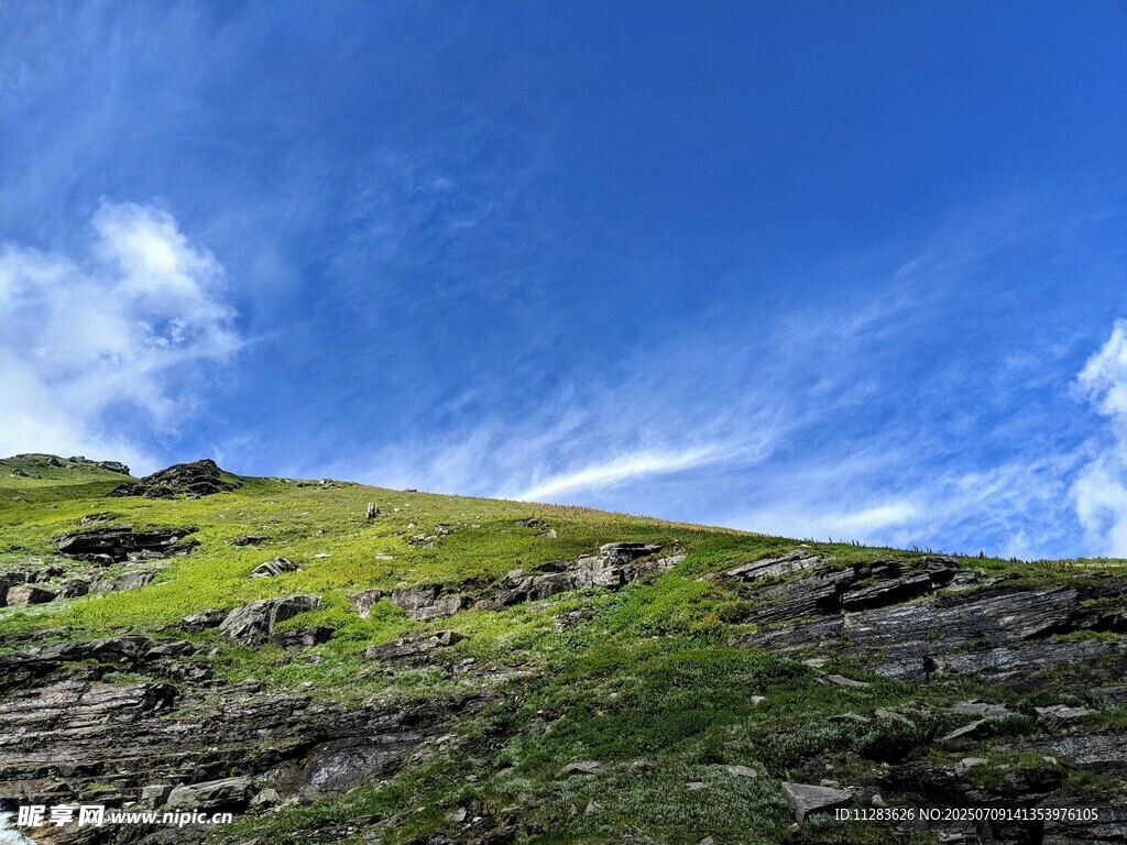 蓝天绿草的山坡美景