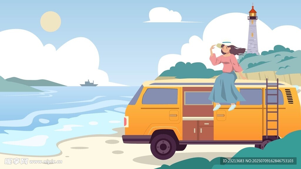 海边露营的黄色复古面包车