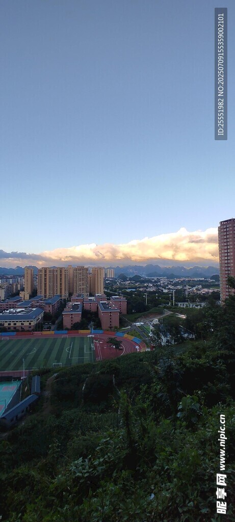 黄昏下的建筑与葱郁植被