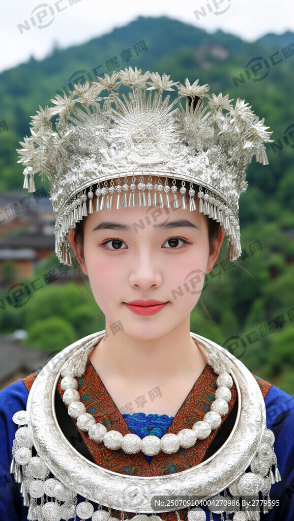 湘西苗族姑娘 正面穿戴银饰