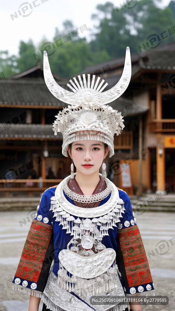 湘西苗族姑娘 正面穿戴银饰
