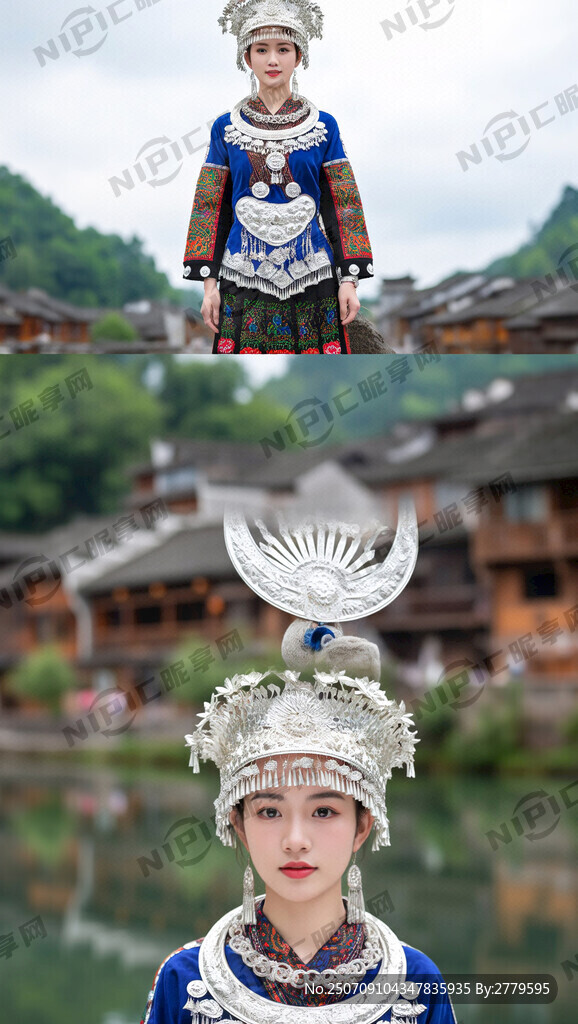 湘西苗族姑娘 穿戴银饰 全身照
