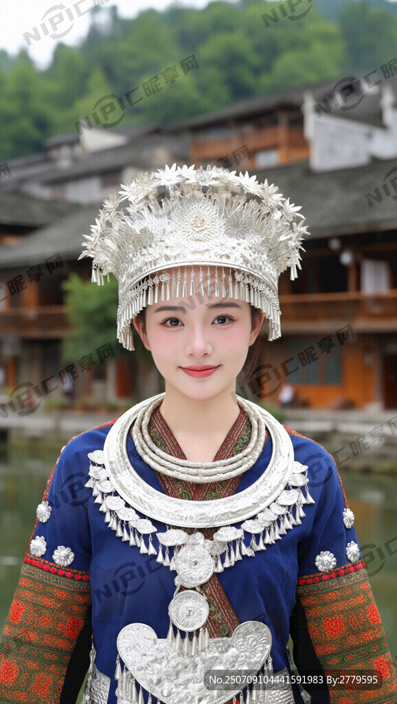 湘西苗族姑娘 穿戴银饰 全身照