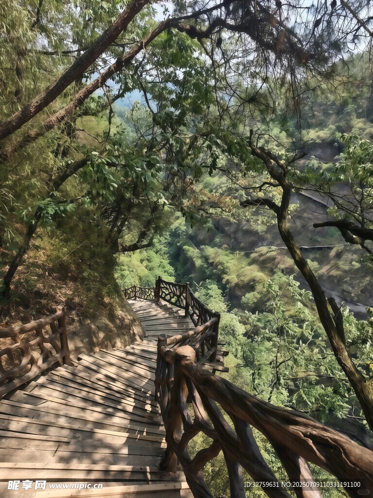 山林间的木质栈道美景