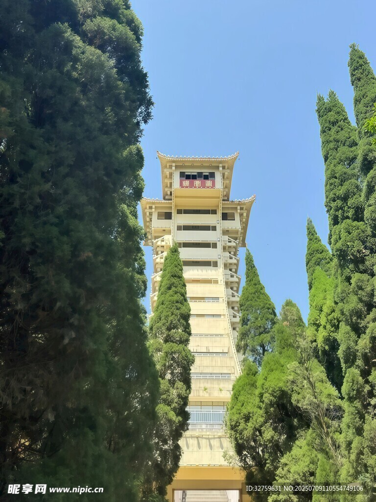绿树环绕中的高耸塔楼