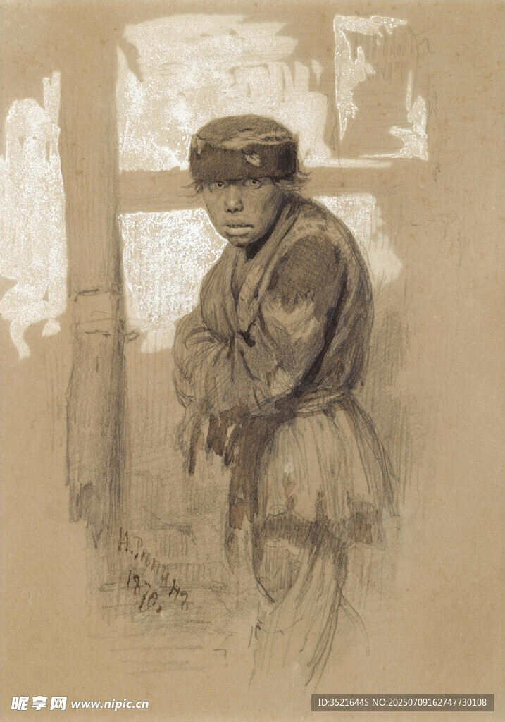 复古装扮人物的素描画像