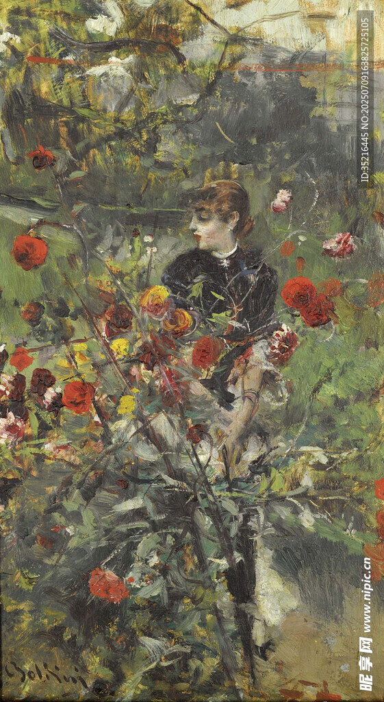 花园中的女子赏花图