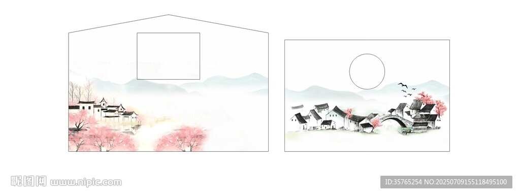 春天桃花墙画小桥流水新农村江南