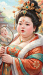 胖贵妃，橘红色服装，金玉饰品，手持菱花镜