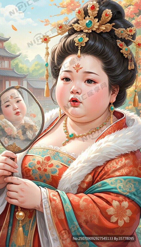 胖贵妃 橘红色服装 金玉饰品