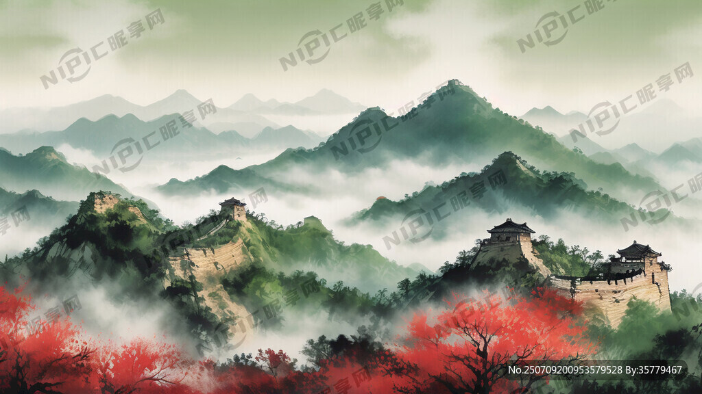 万里长城 春天 绿色调 写实