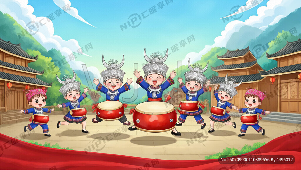 苗族  鼓舞  卡通  立面