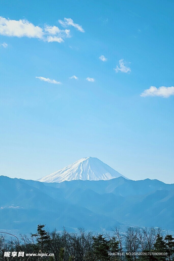 富士山美景蓝天白云绿树
