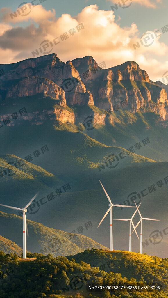 生成一张风力发电图 后面是大山