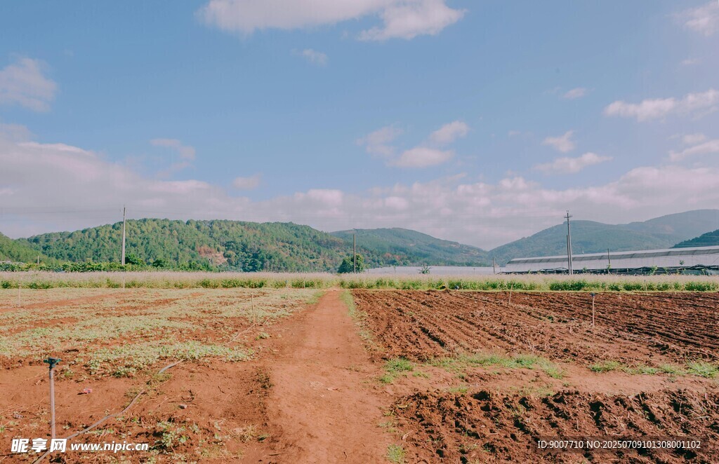 田野间的红土地与远山