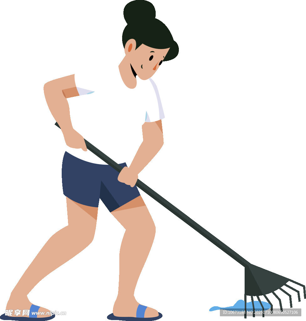 女子持耙清理地面水渍