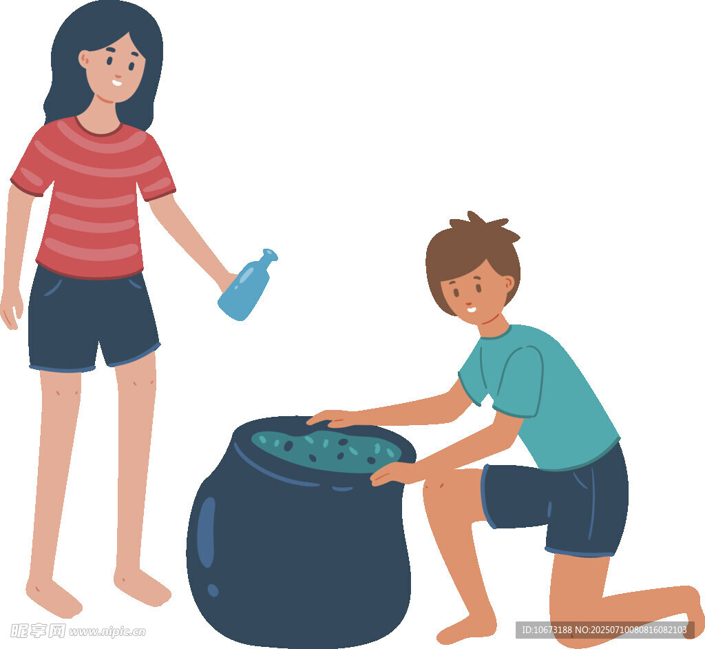 儿童协作清理大垃圾桶
