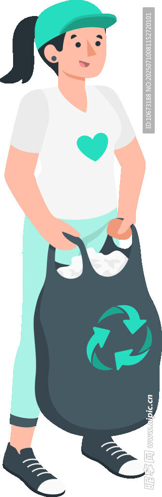 女孩手持带回收标志购物袋