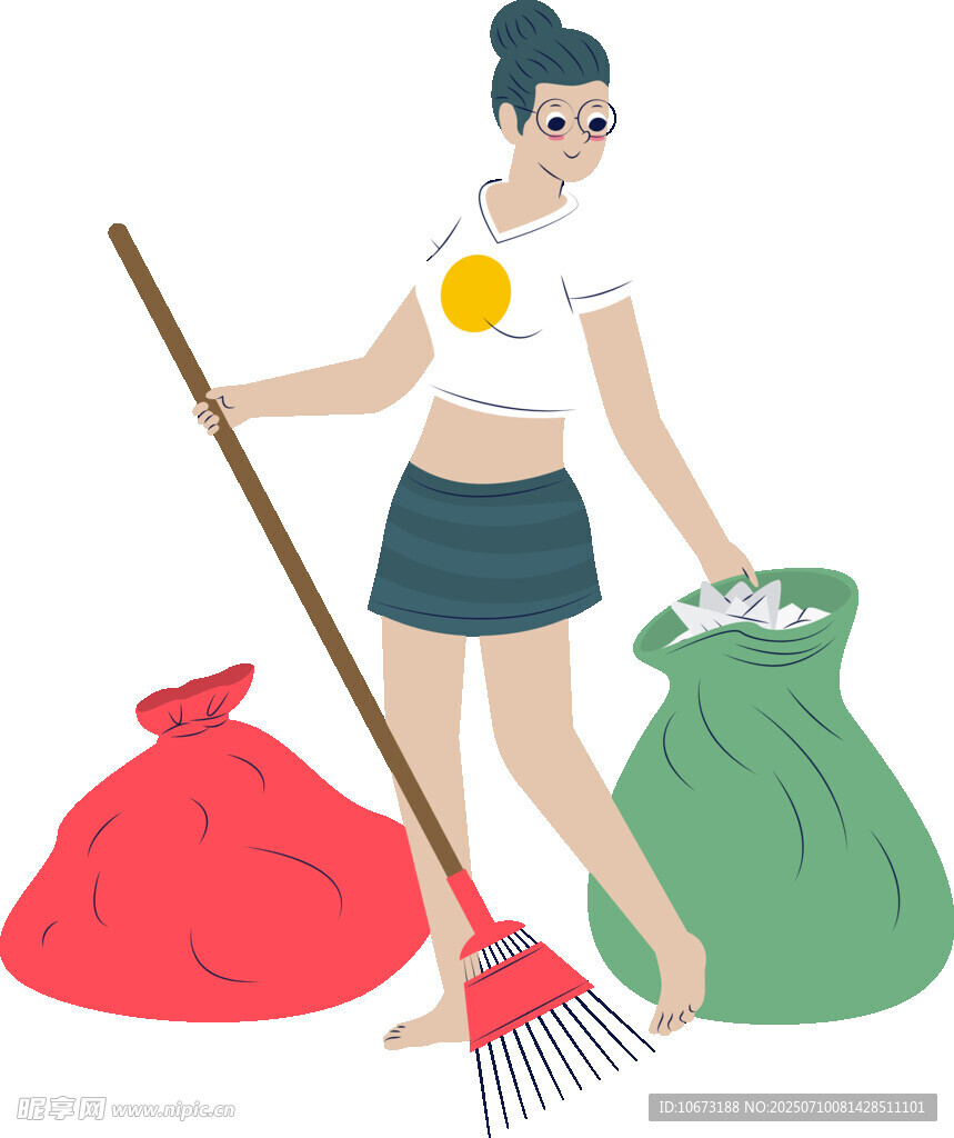 女子手持扫帚清理垃圾袋
