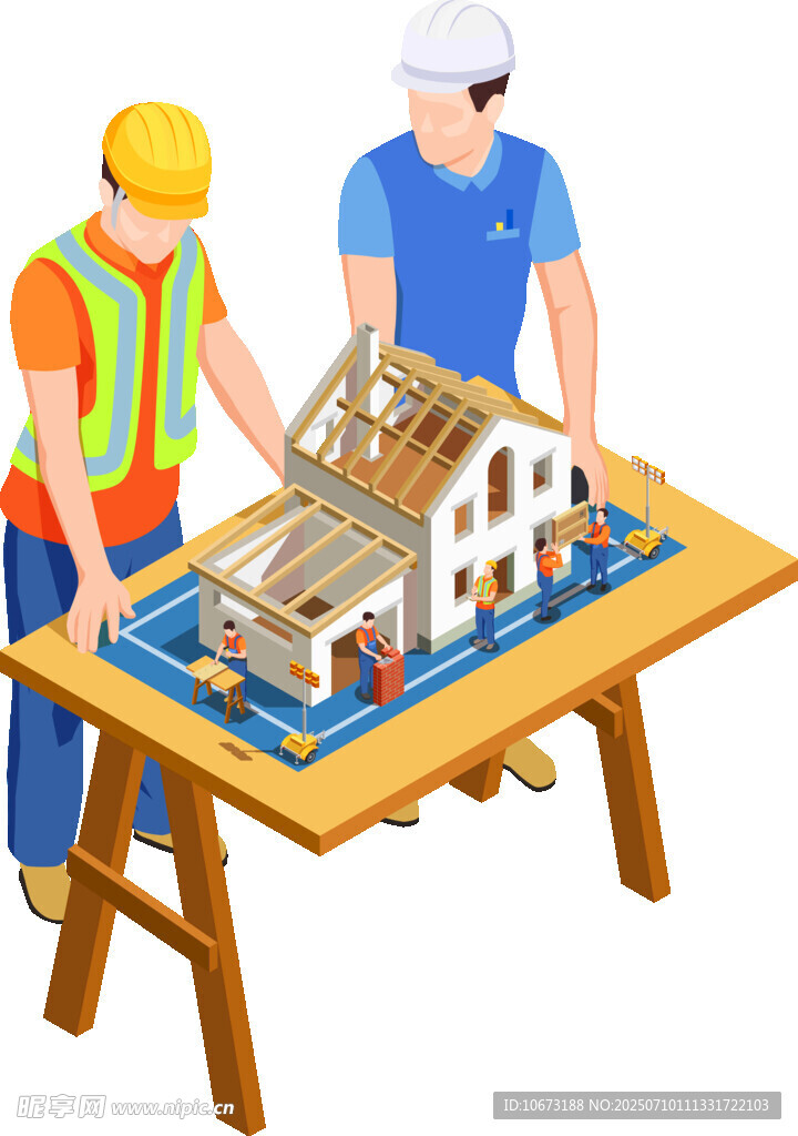 建筑师专注研讨房屋模型