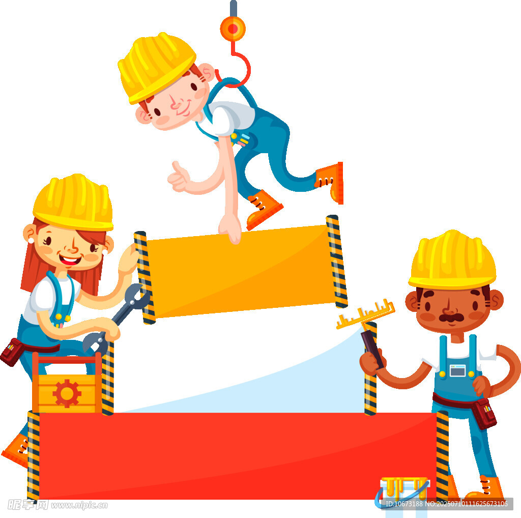 工人协作搭建彩色横幅