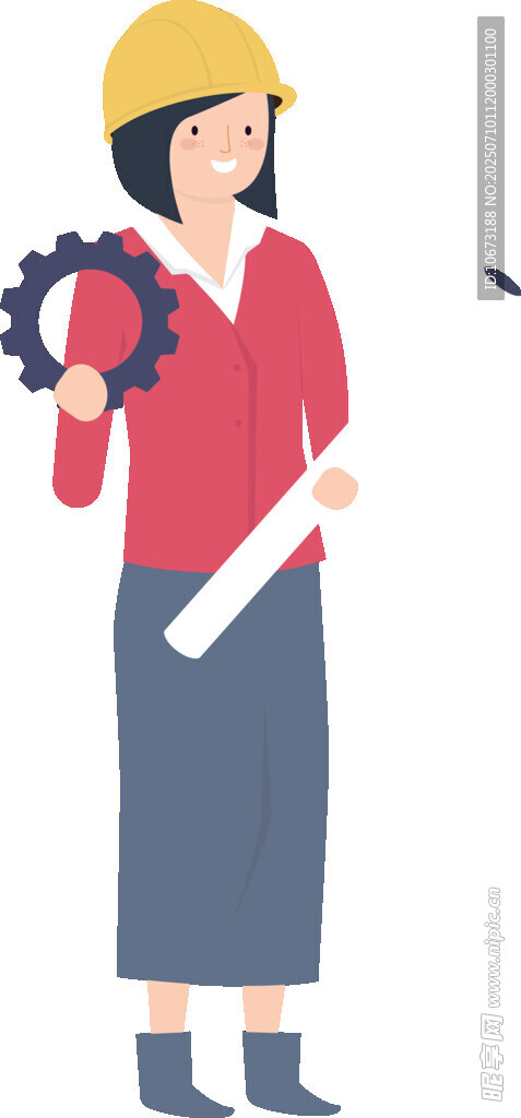 女工程师手持齿轮与图纸