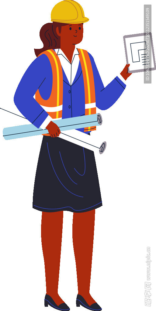女工程师手持图纸与平板