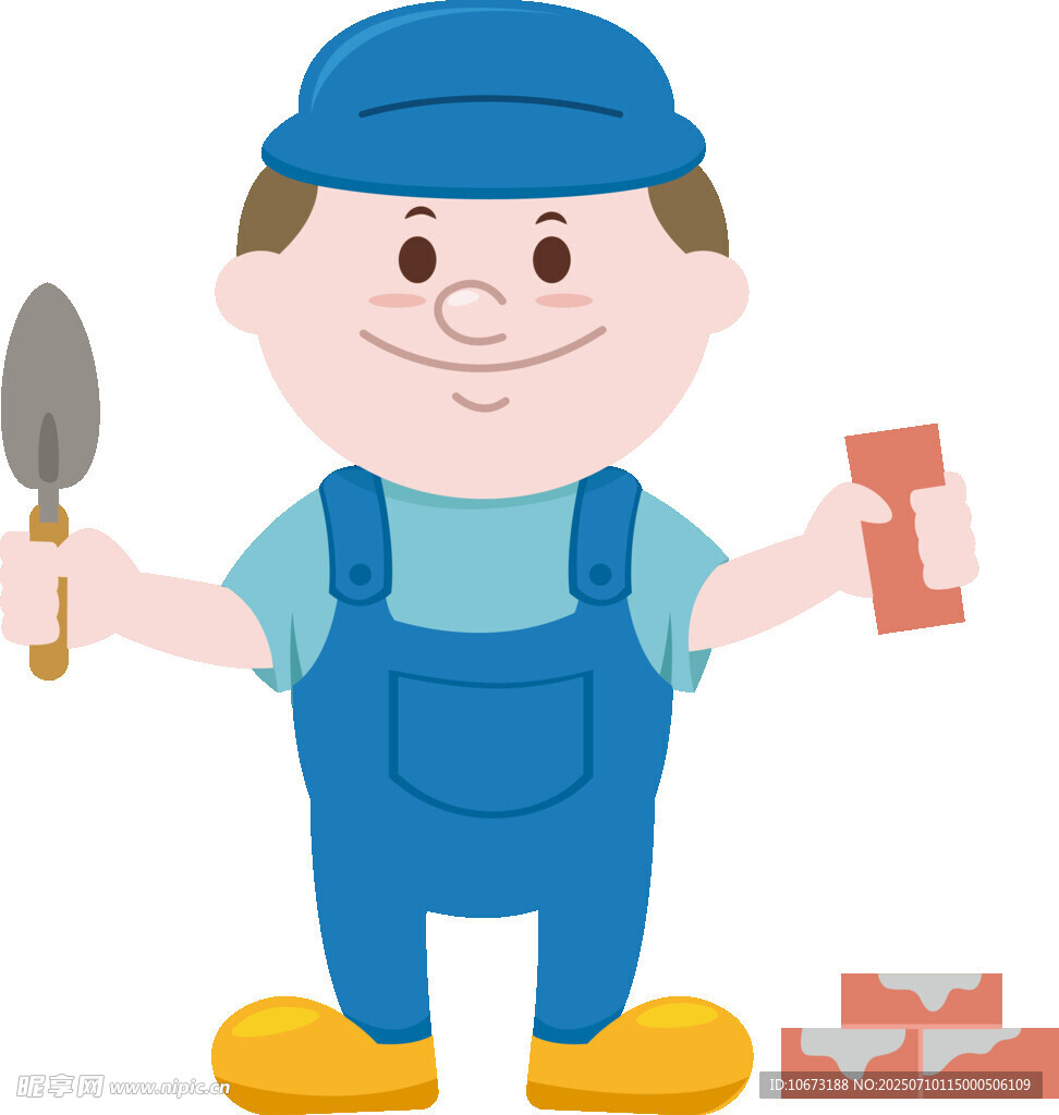 工人手持工具与砖块