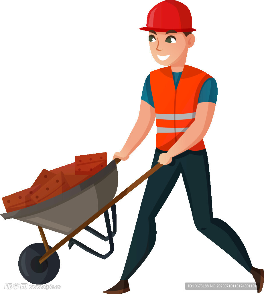 工人推着手推车运建筑材料