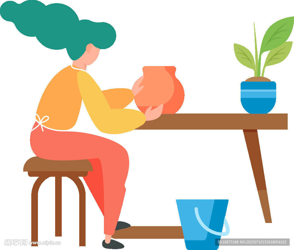 女子专注制作陶罐场景