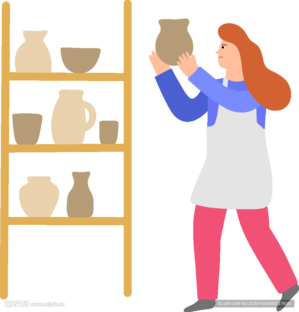 女子摆放陶艺作品