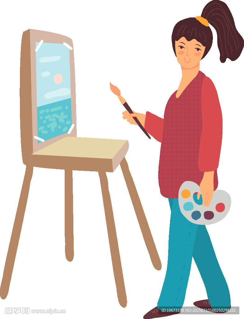 女孩专注作画于画架前