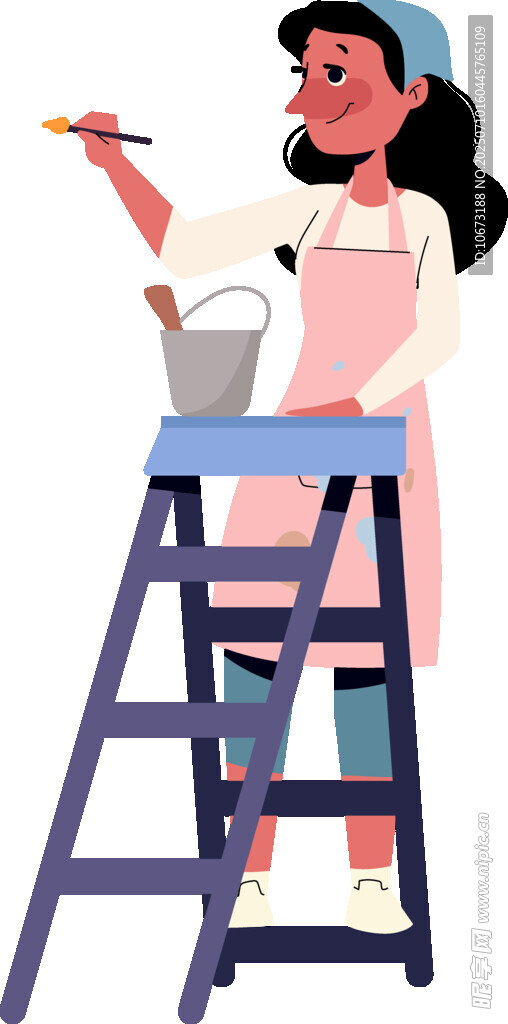女子站梯上专注粉刷墙壁