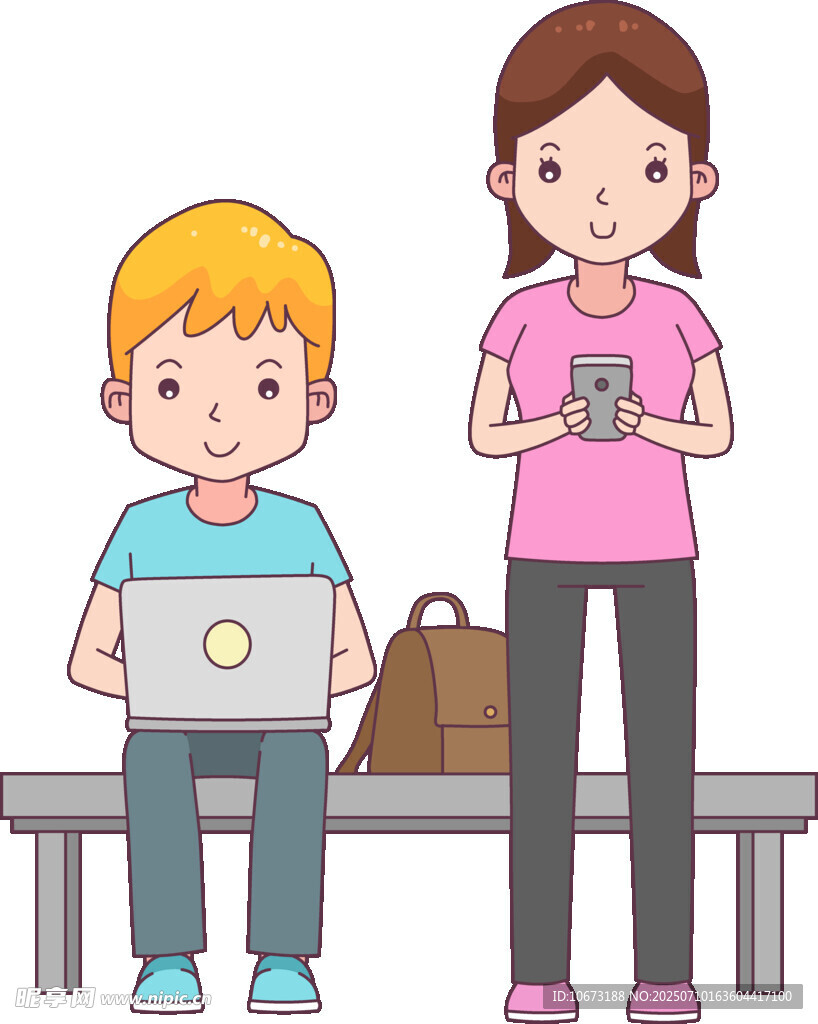 男孩女孩在户外使用电子设备