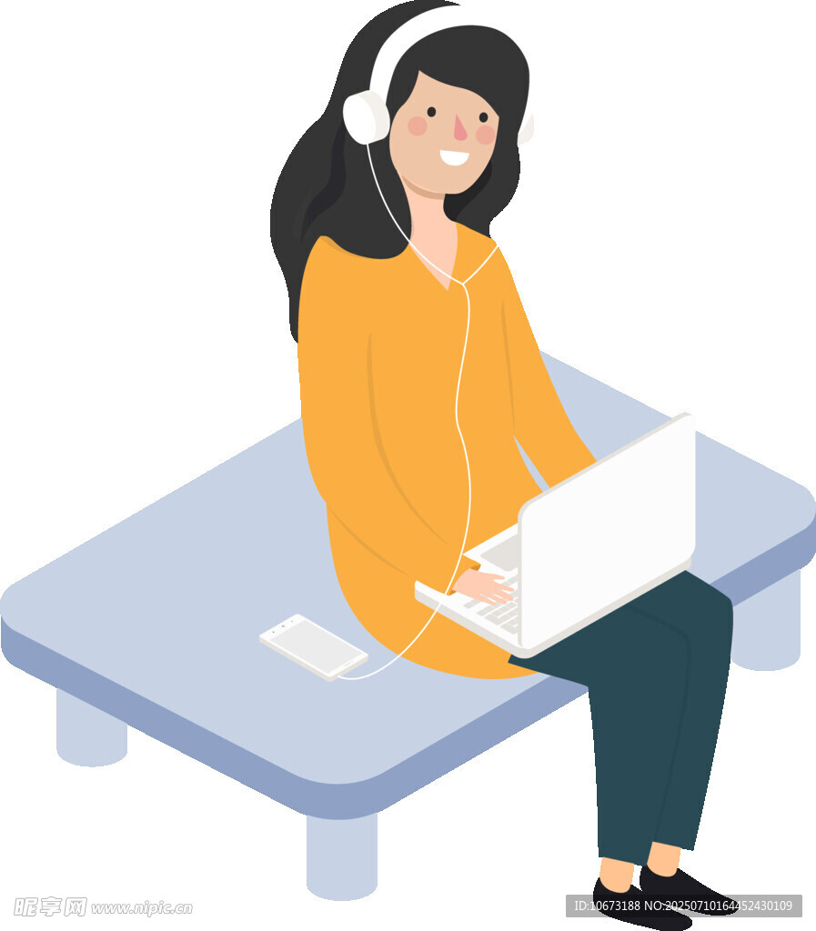 戴耳机用笔记本电脑的女生