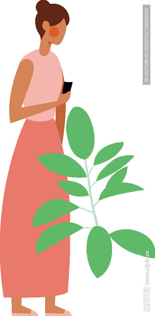 女子手持手机与绿植相伴