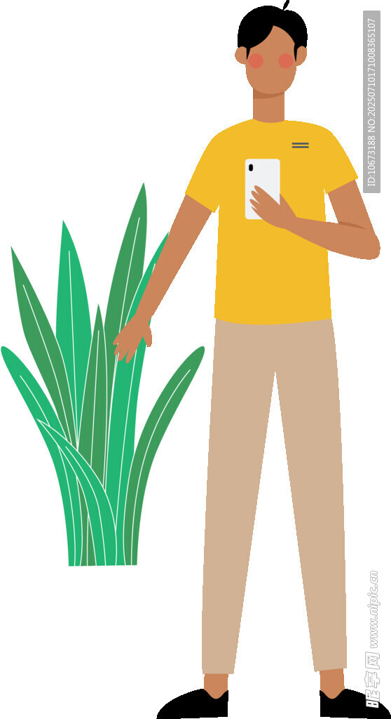 男子手持手机站在绿植旁