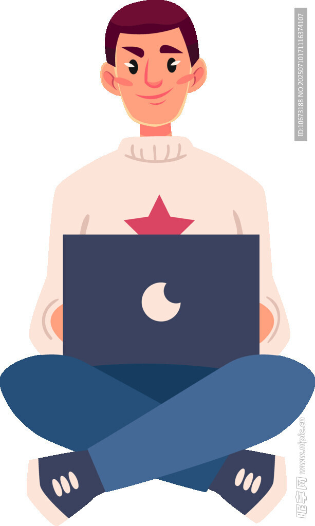 男子盘腿持带星月图案电脑