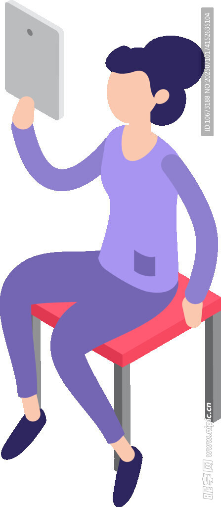 女子坐着手持平板自拍
