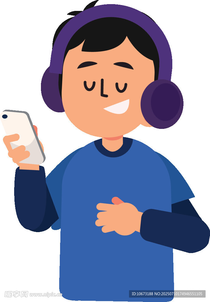 男孩戴耳机用手机听歌