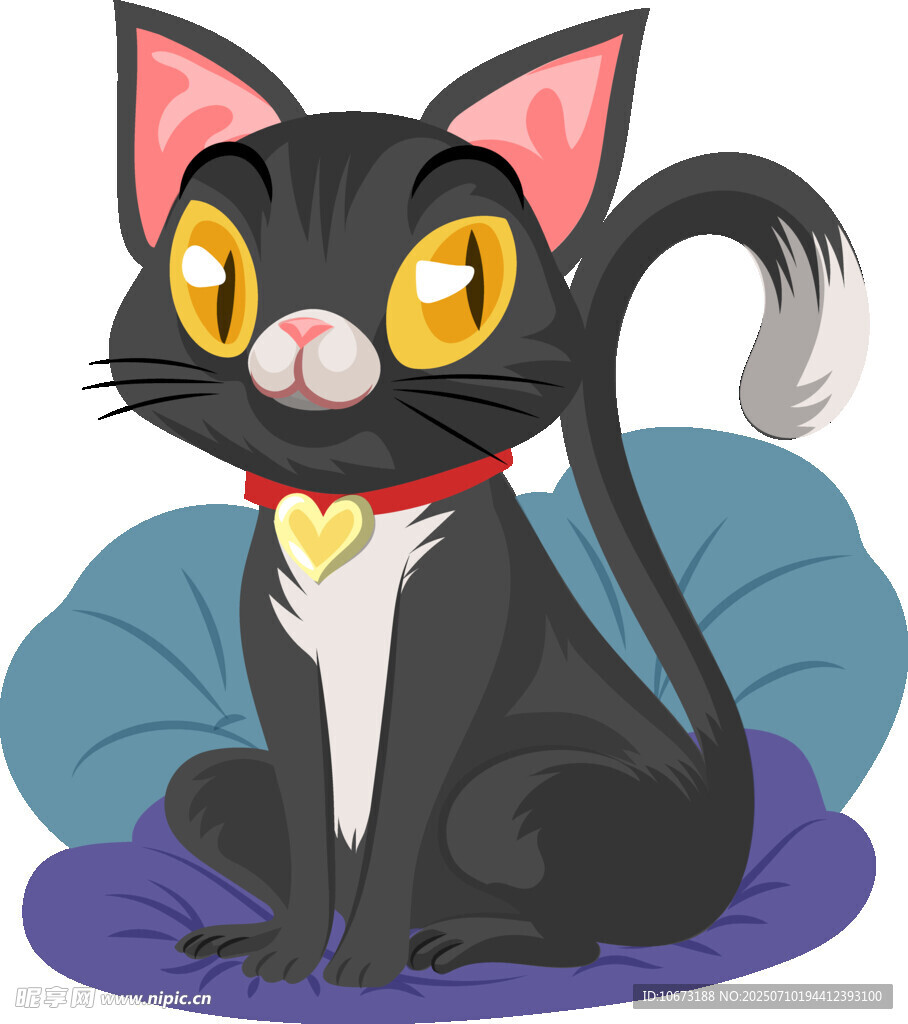 可爱黑猫戴着项圈坐垫子上