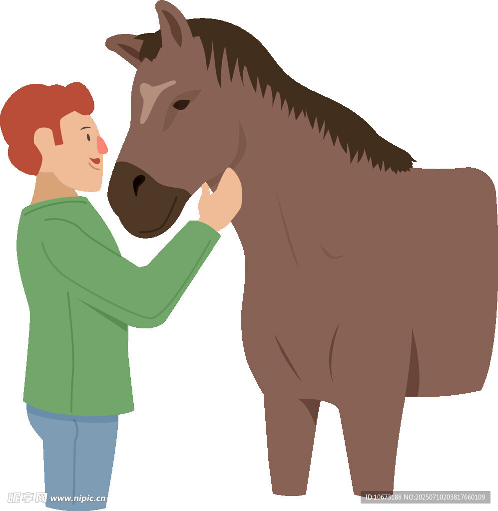 男孩温柔抚摸棕色骏马