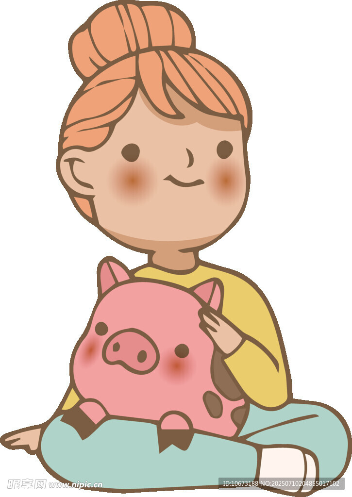 女孩与粉色小猪温馨相伴