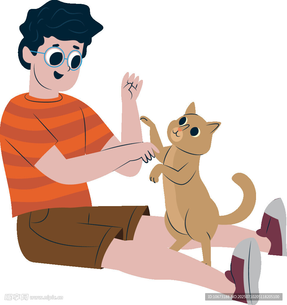 男孩与猫咪的欢乐互动