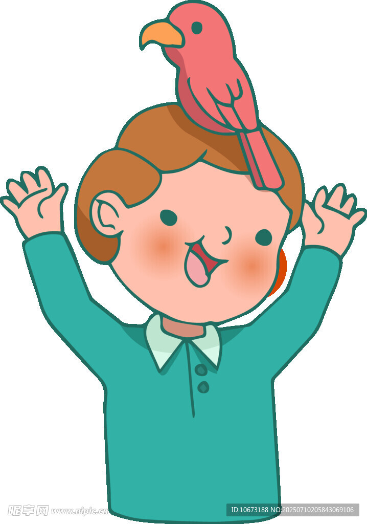 小孩头顶站着一只红鹦鹉