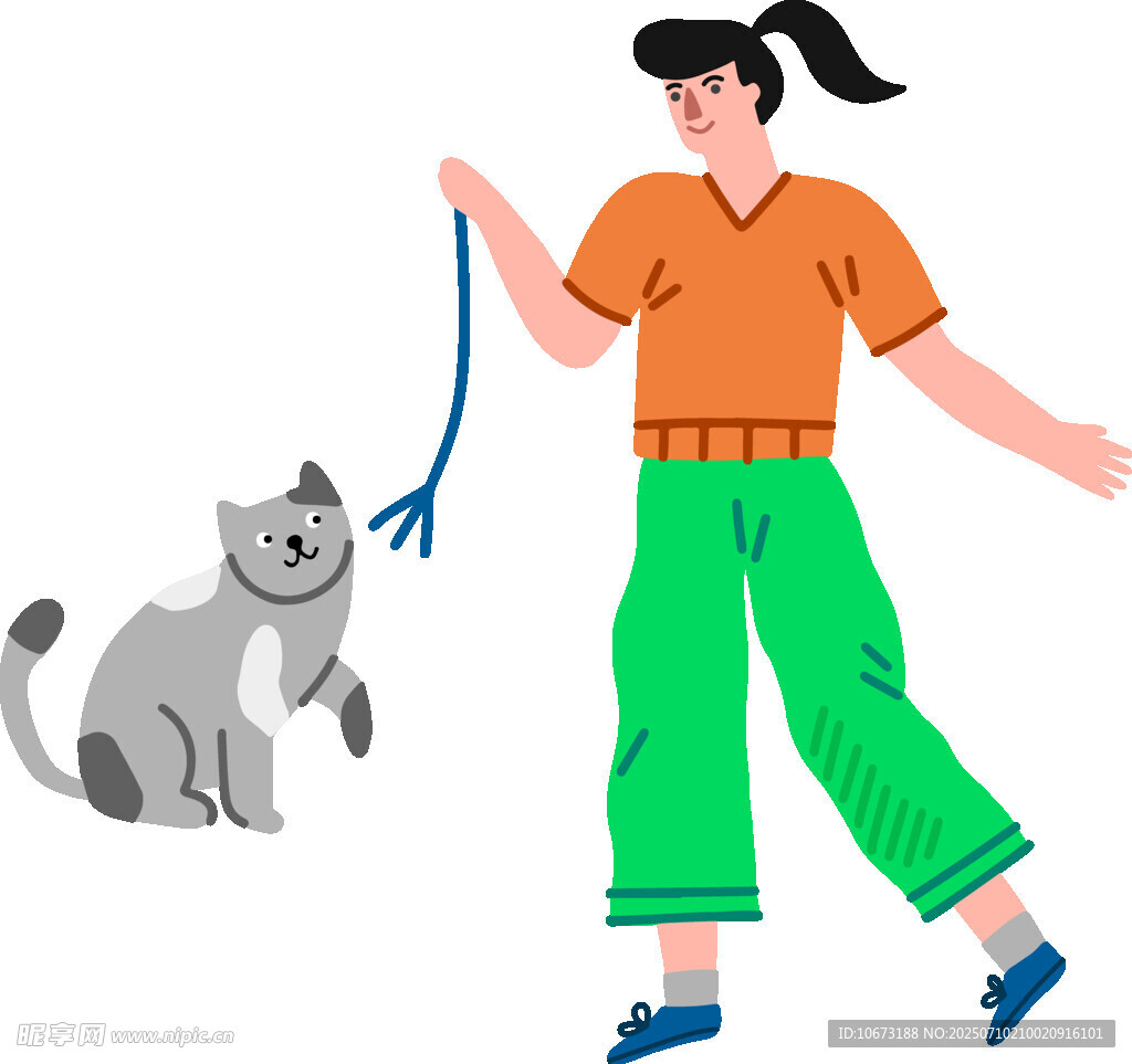 女子牵猫漫步