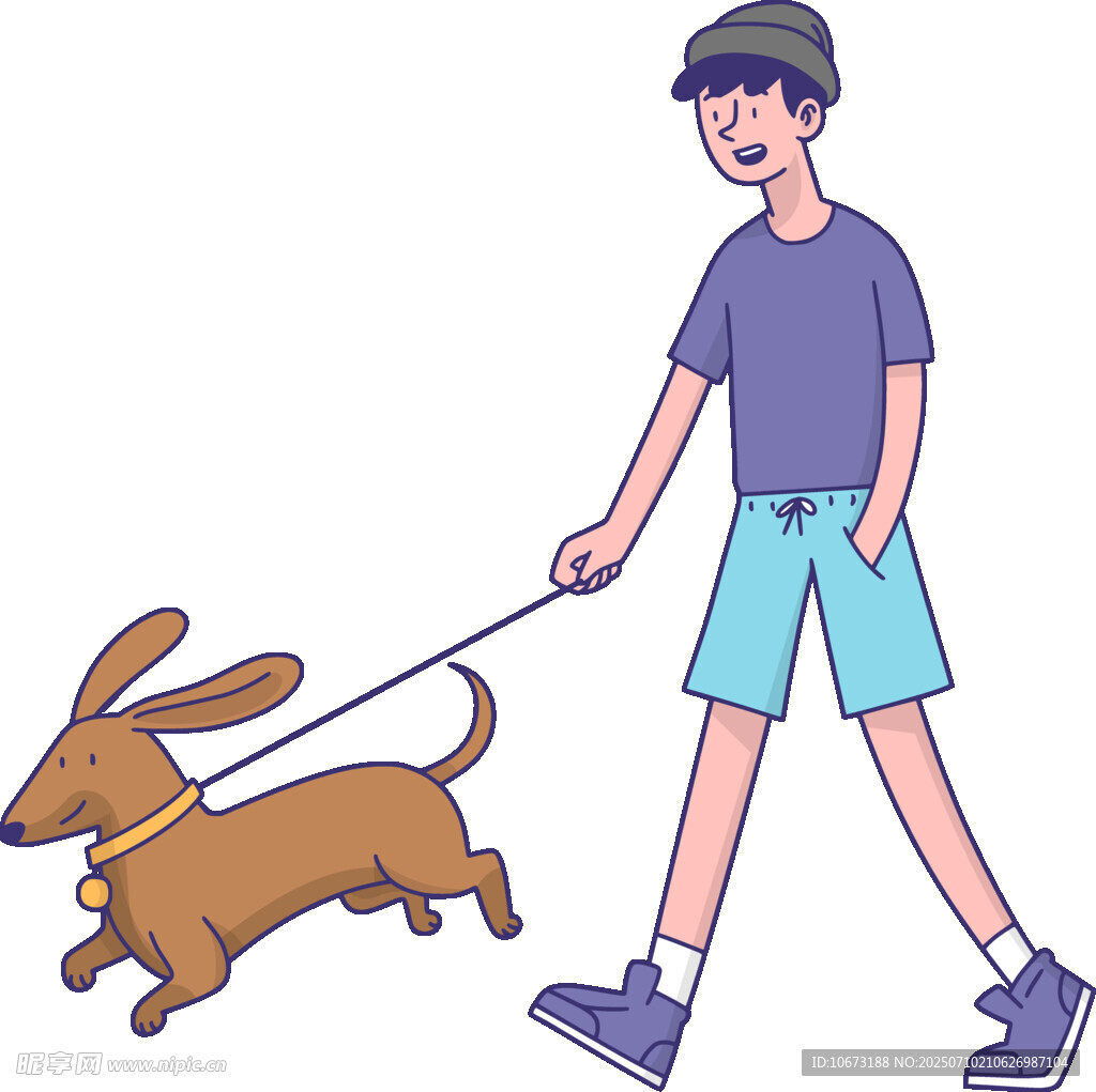 男孩牵着小狗快乐漫步