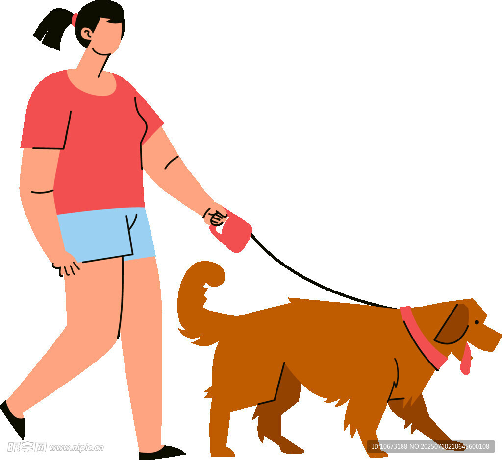 女子牵金毛犬散步