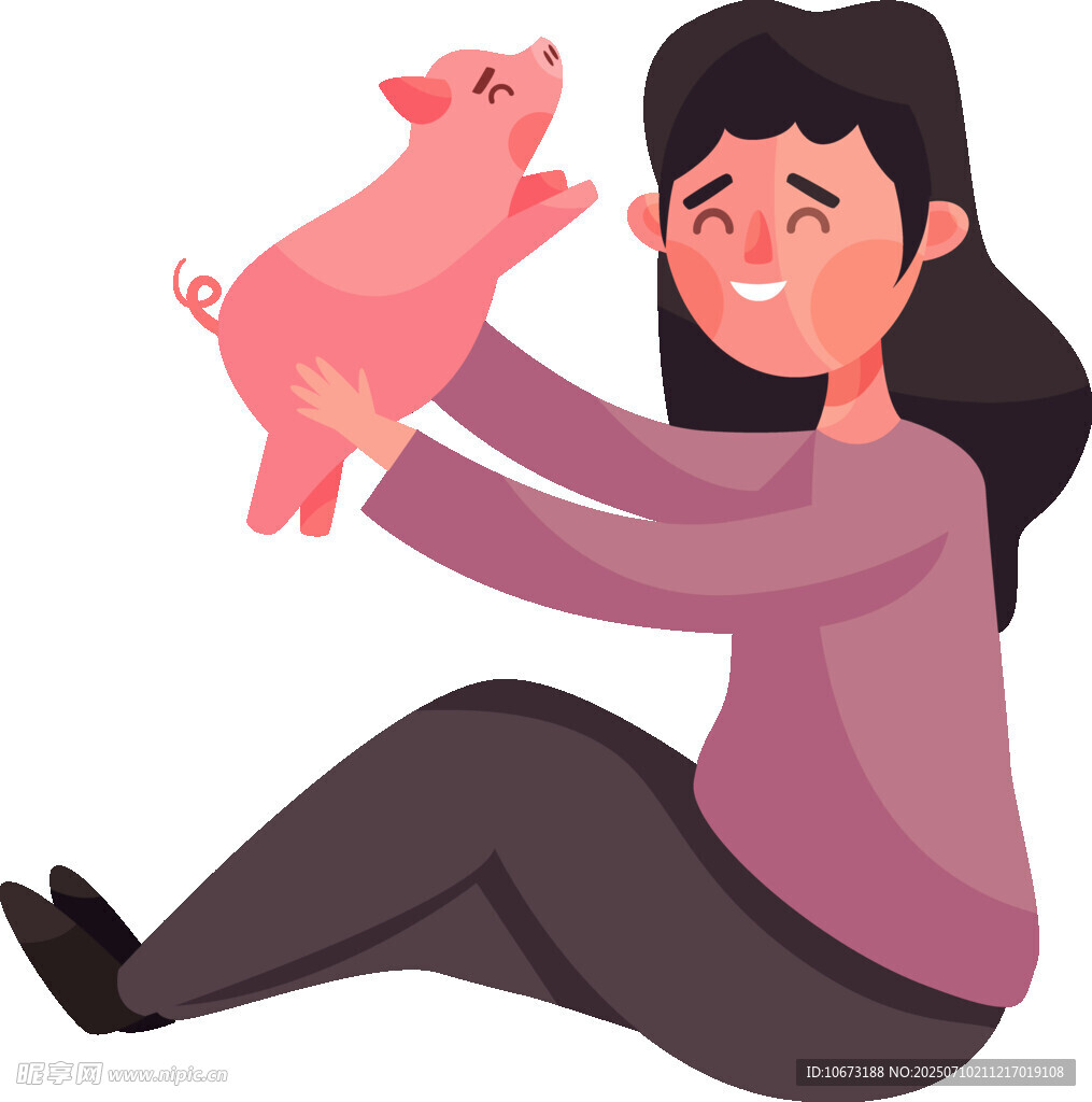 女孩与粉色小猪温馨互动